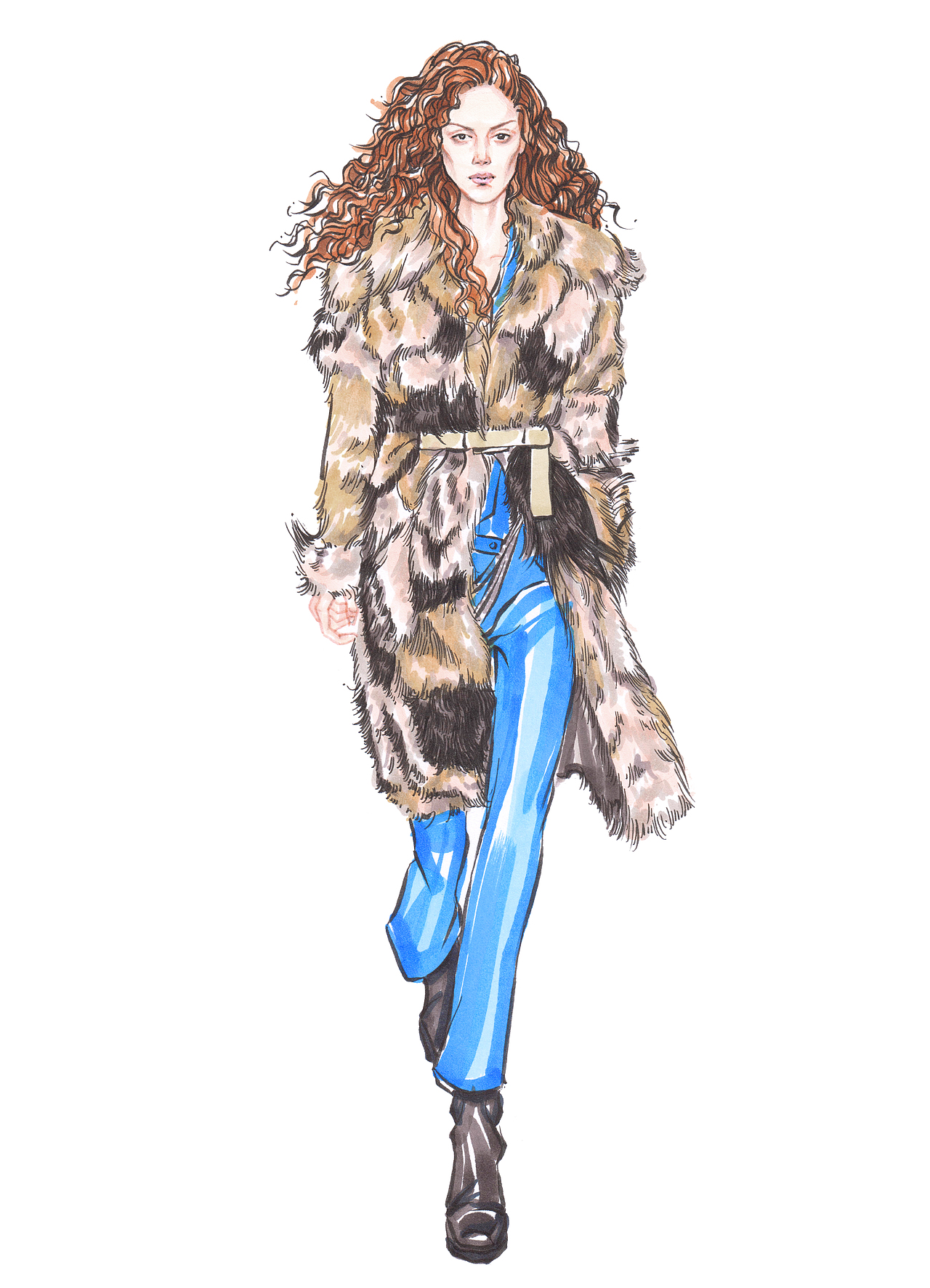 时装画分解步骤皮草大衣