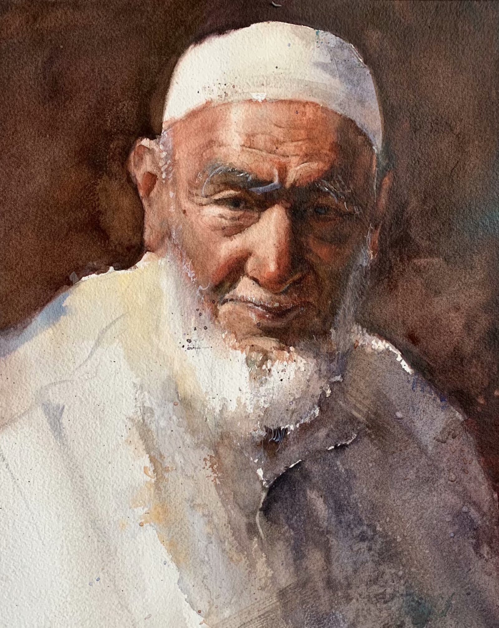 夏宇航水彩《回族老人》