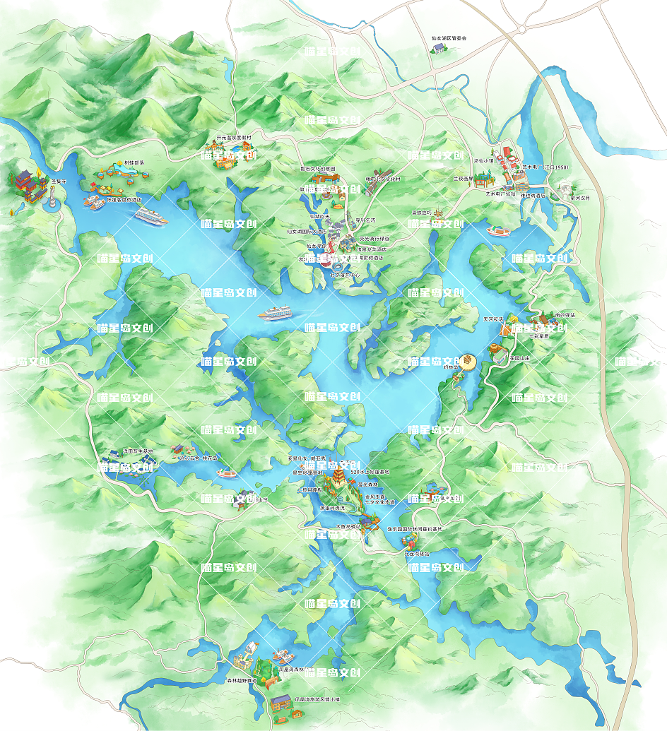 各类型旅游手绘地图仙女湖，须弥湖，平顶山，喵星岛