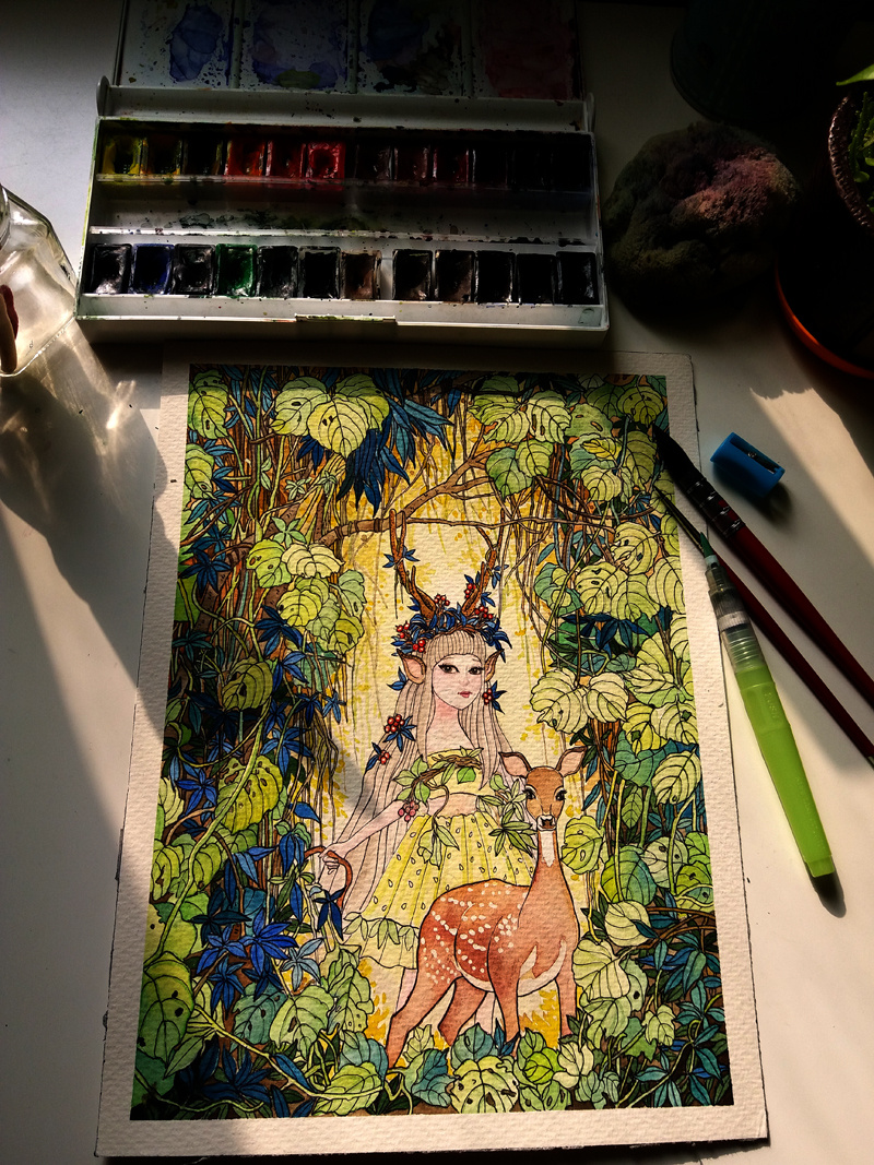 火儿水彩插画【森林精灵】