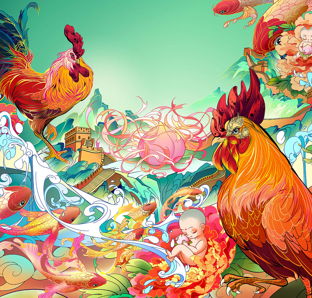 《雄鸡报晓，贺山河永寿》——国庆节主题插画设计（图ZMjczMDA4MTg4） - 艺术插画 - 站酷设计师鹤年HN原创素材 - 站酷ZCOOL