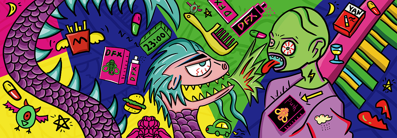 公交车身广告插画——脱发怪人和长发怪物的战争