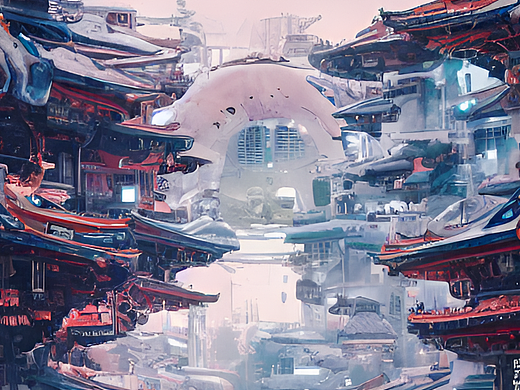 #站酷梦笔#外星未来城市，雪景，五彩极光，中国传统建