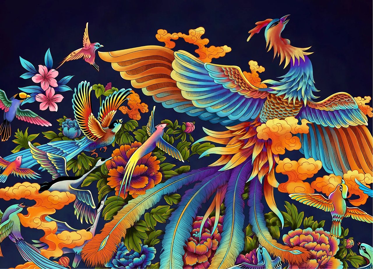 百鸟朝凤手绘版海报（图ZNDg4NjkzNjA=） - 商业插画 - 站酷设计师舒展原创素材 - 站酷ZCOOL