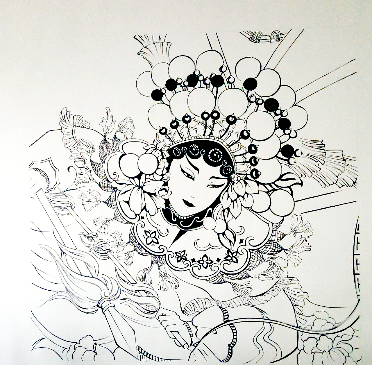 国潮京剧墙体彩绘黑白画墙绘手绘壁画京剧人物背景墙绘