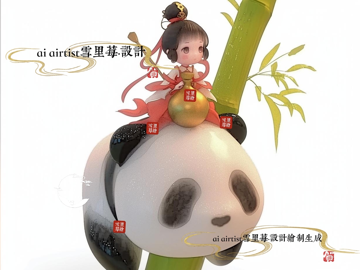 一组中式汉服古风俊男美女骑熊猫乘龙糖塑风格原创设计