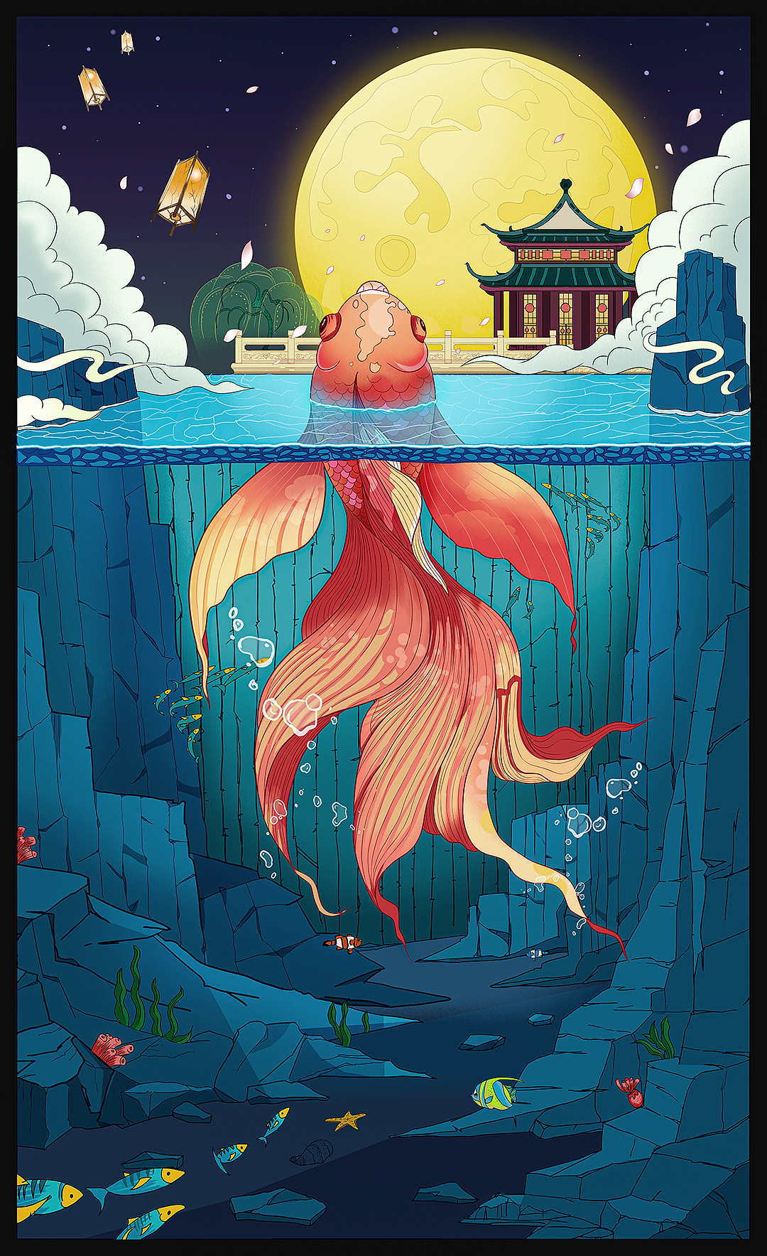 插画锦鲤鱼跃龙门手绘练习