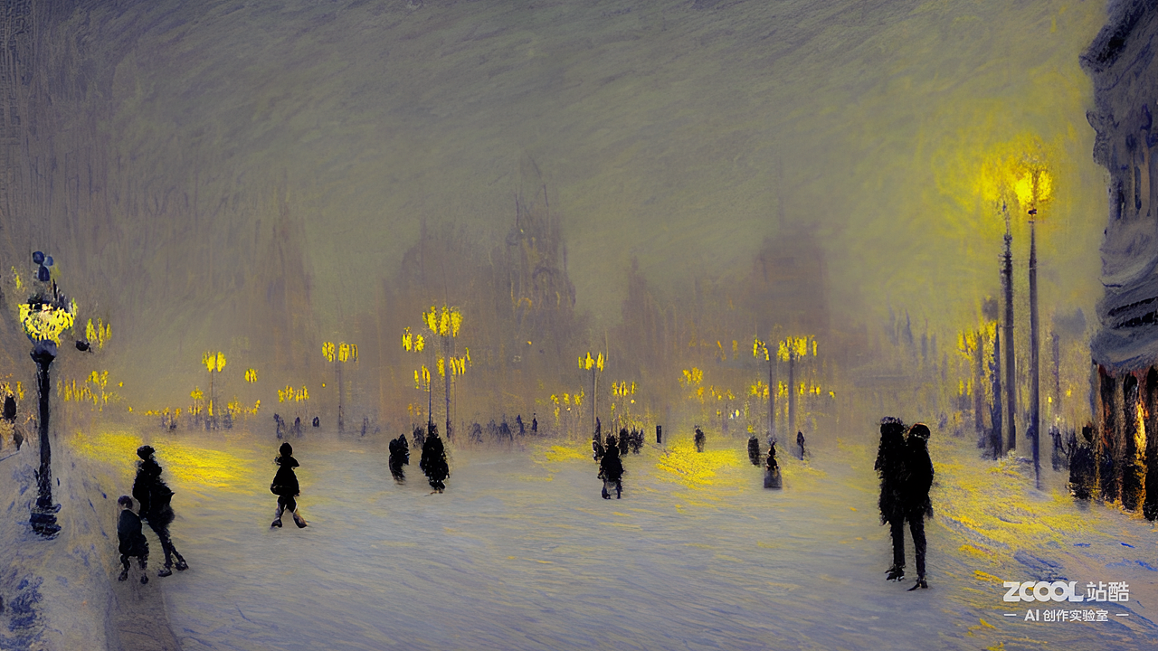 #AI创作实验室#夜晚 雪夜广场（图ZMzIzOTUyMDg4） - AI作品 - 站酷设计师波耶菠萝蜜原创素材 - 站酷ZCOOL