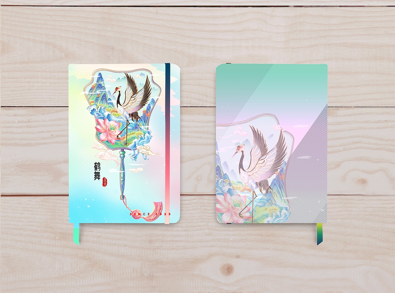 原创国风插画仙鹤场景团扇绘插画