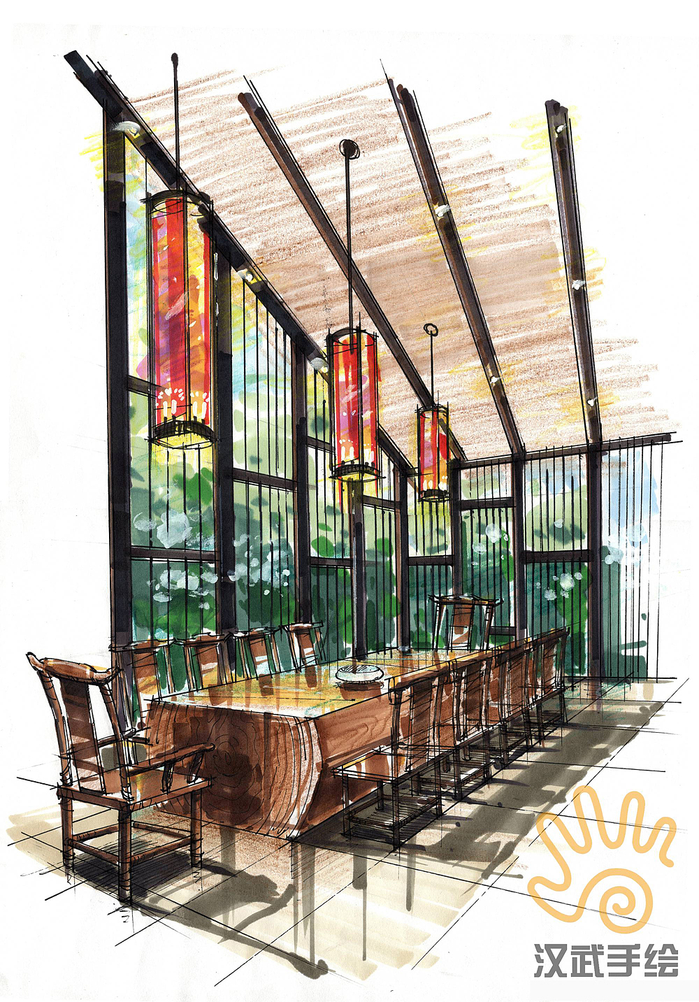 禅意室内手绘方案效果图（图ZMzIzMzI0ODQ=） - 家装设计 - 站酷设计师汉武手绘原创素材 - 站酷ZCOOL