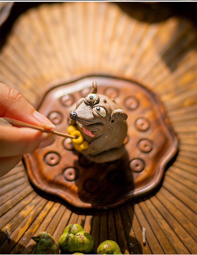 器十二原创手工陶瓷捏雕生肖鼠迷你茶宠香插摆件