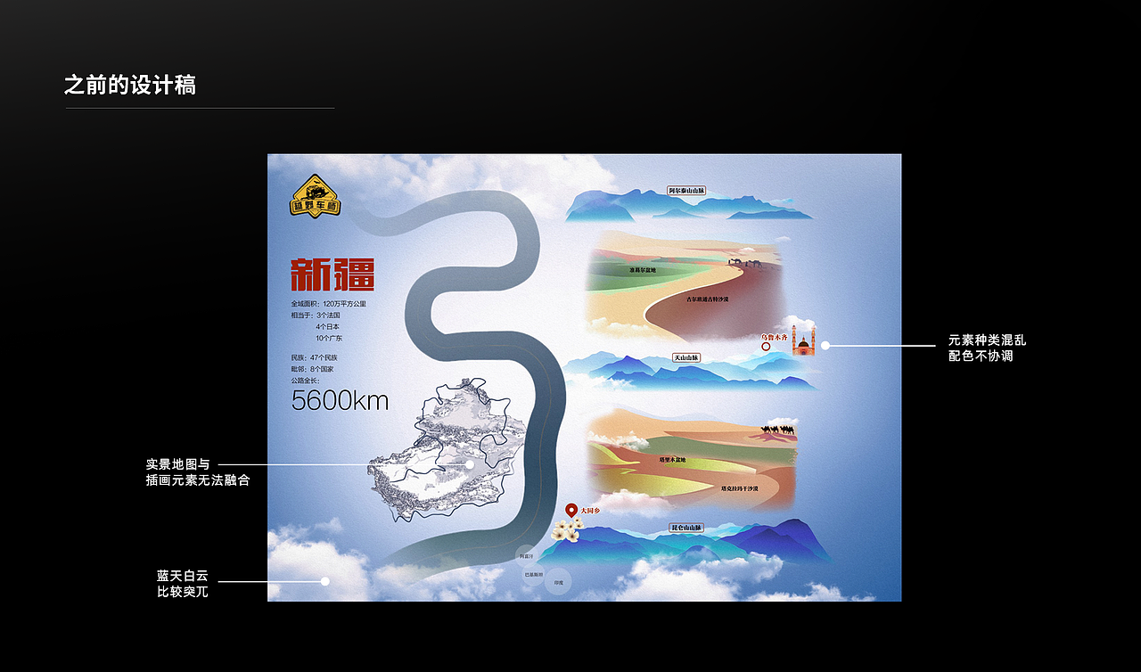 客户在和我前期沟通的时候，和我说已经分别找了两位设计师做了地图的设计，对效果不是太满意，虽还未完成但已叫停。
我的第一感觉是各元素间都比较混乱，有矢量插画，有黑白的实景地图，有蓝天白云的写实素材，不理想的原因是各个素材没有做到一个很好的融合，配色上也比较突兀。<br><br>