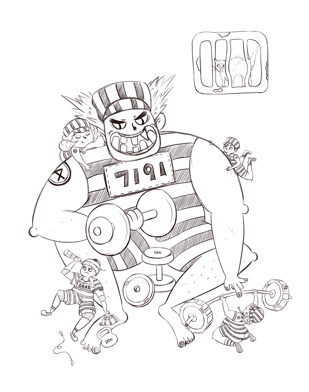 插画《囚徒健身-撸铁真的累》|插画|创作习作|大屁娘沐沐 - 原创作品