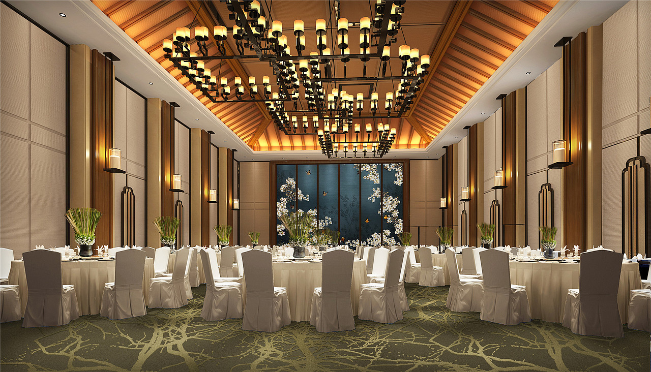 墙面的壁灯和顶面的吊顶交相呼应,不论是会议还是宴会都很有温暖热闹
