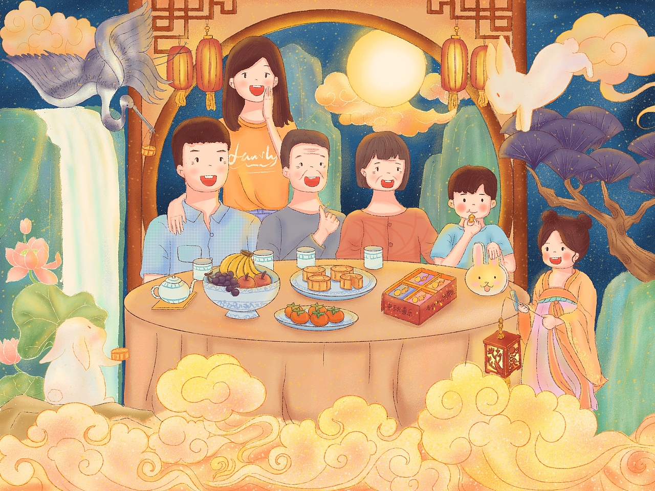 中秋节原创插画我们一家人团团圆圆过中秋啊