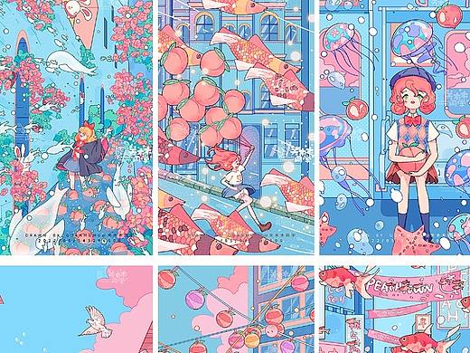 桃子物语丨粉蓝色系插画