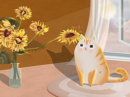 落日余晖待你而归 猫咪装饰画 插画