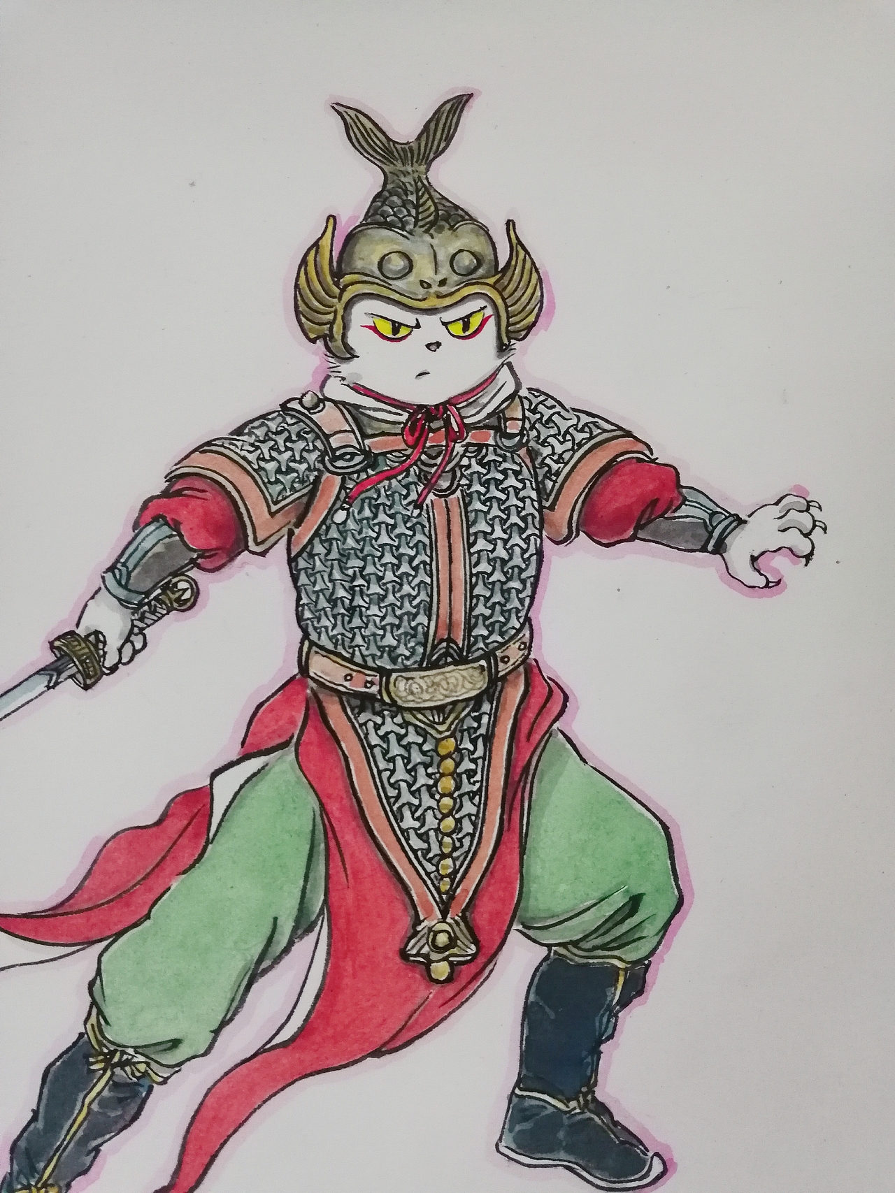 塑新斋潘纪坤手绘古风插画大理寺少卿猫爷李饼戎装像