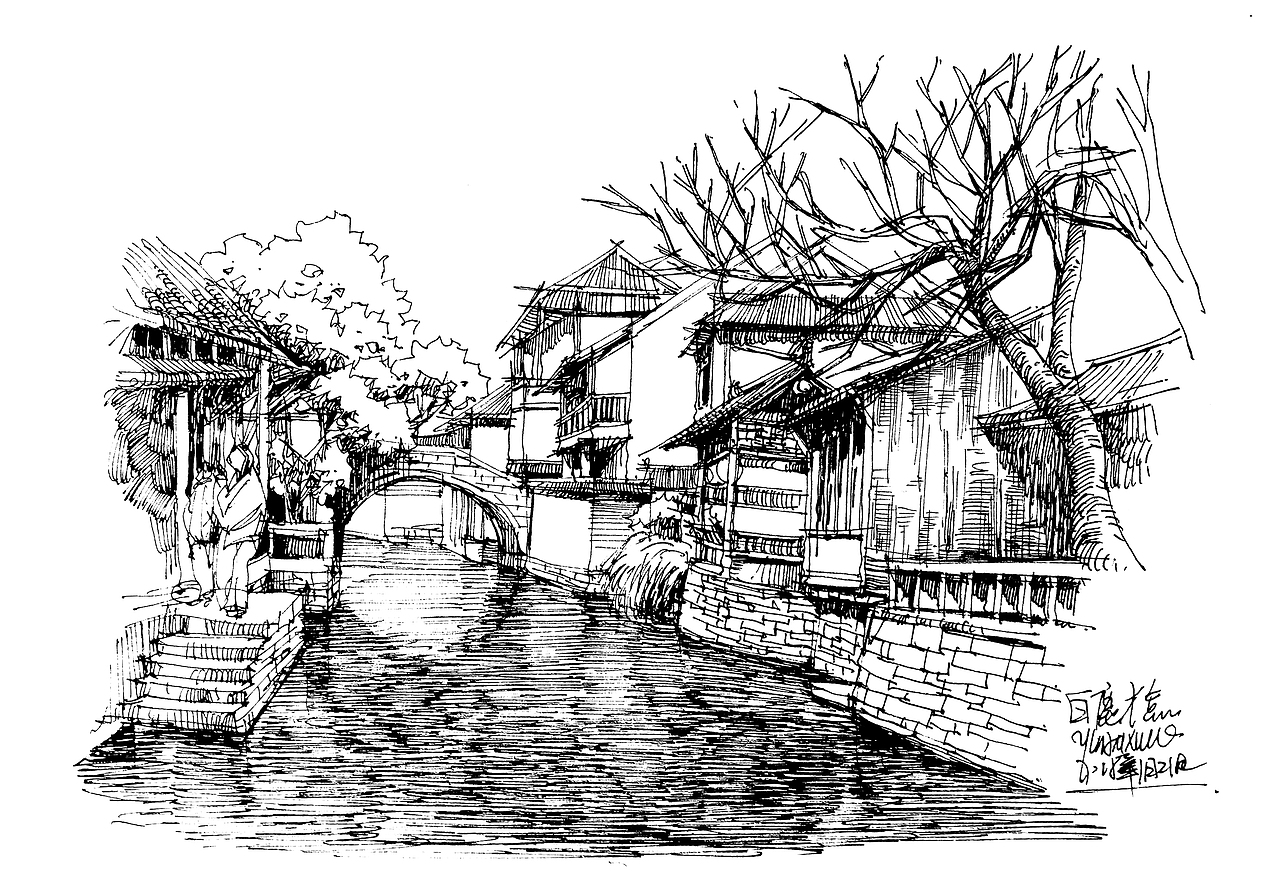 白鹿猿钢笔手绘---东方建筑情节