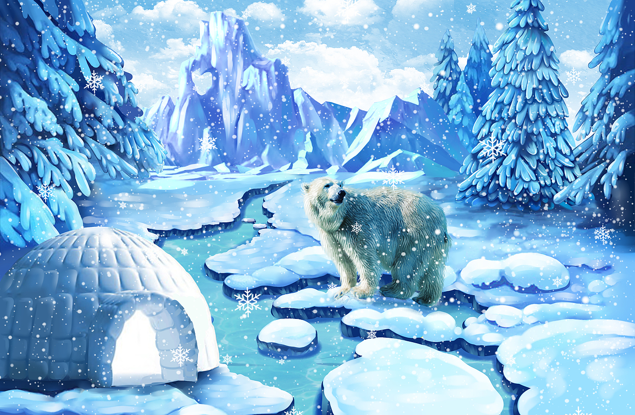 儿童插画恐龙扁平卡通插画国潮神兽标签冰川北极熊南极冰雪墙绘设计