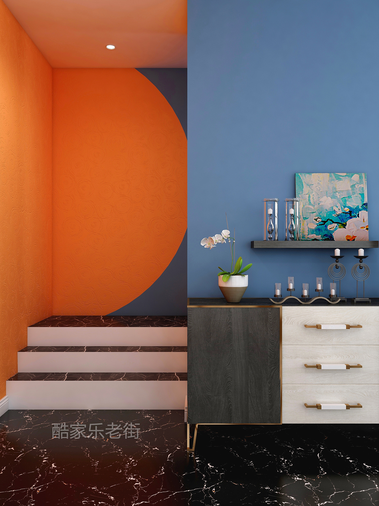 橙和蓝配色的现代家居装修 - 设计之家
