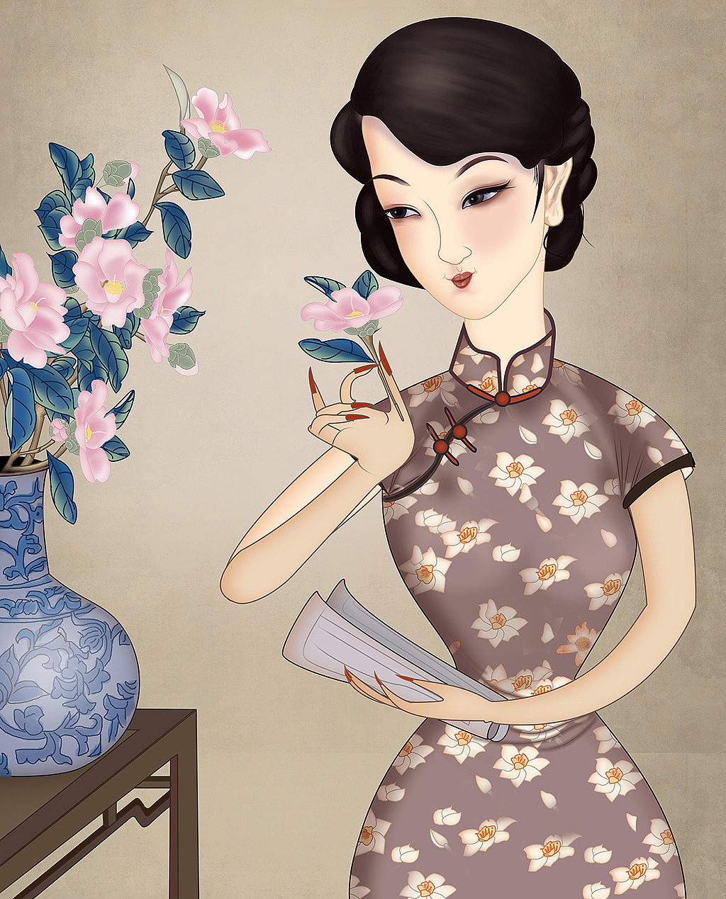 旗袍 怀旧 插画 手绘 女孩 旗韵 国风国潮 装饰画 无框画 旗袍美女