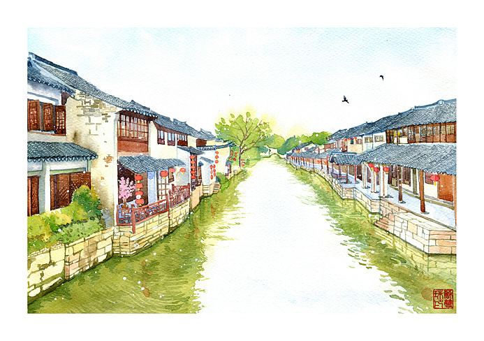 手绘城市系列浙江西塘