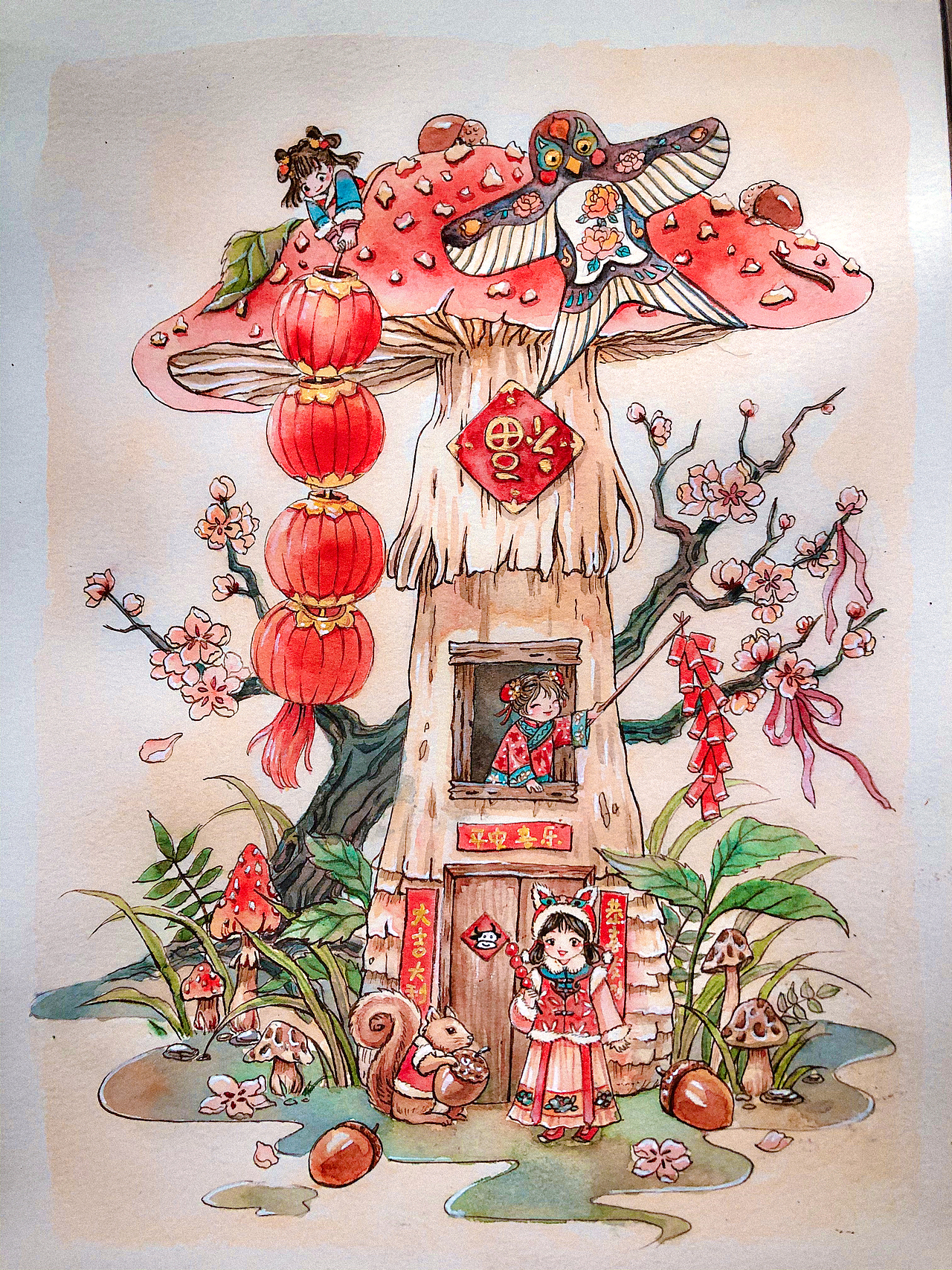 水彩手绘新年贺图|红红火火过大年