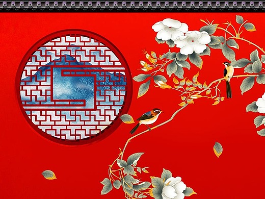 纱画,文创卷帘图案-花鸟