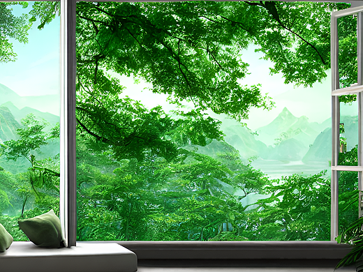 #AI创作实验室#电脑壁纸，窗口，温暖的阳光，窗外绿树