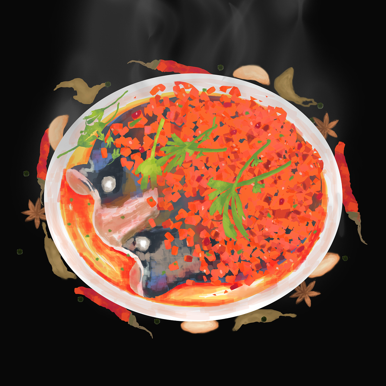 美食《湘味剁椒鱼》|插画|商业插画|奇景插画 - 临摹作品 - 站酷