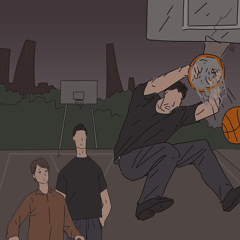 两个青年出现了，我们相谈甚欢，就相约去吃饭。他们个子大概有一米九，当路过篮球场的时候，他们就脱去外套，来了个灌篮，篮筐都被压弯了。