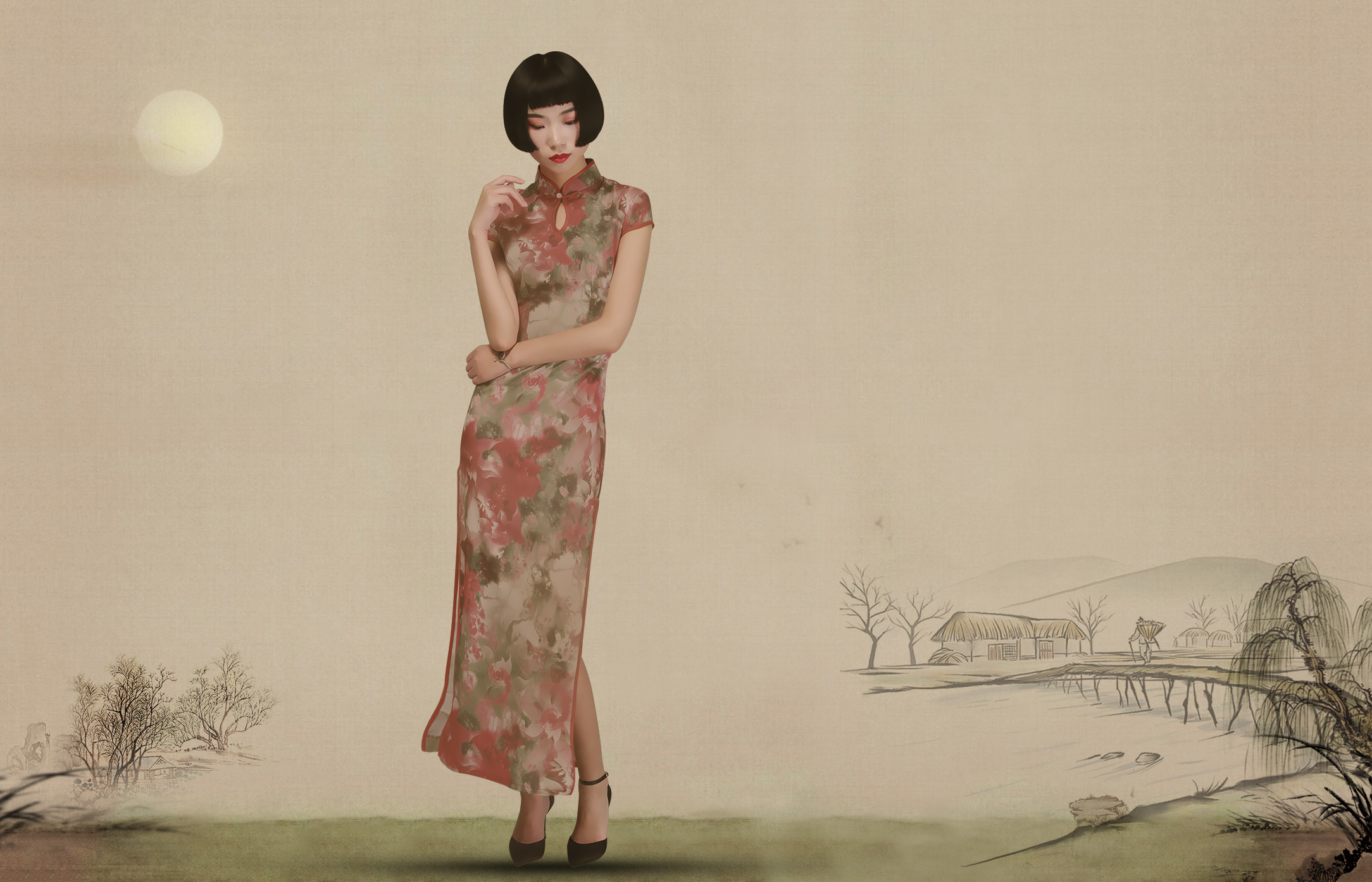 仿孙郡工笔画ps效果古典中国风水墨山水画连衣裙旗袍海报图/尤家衣店