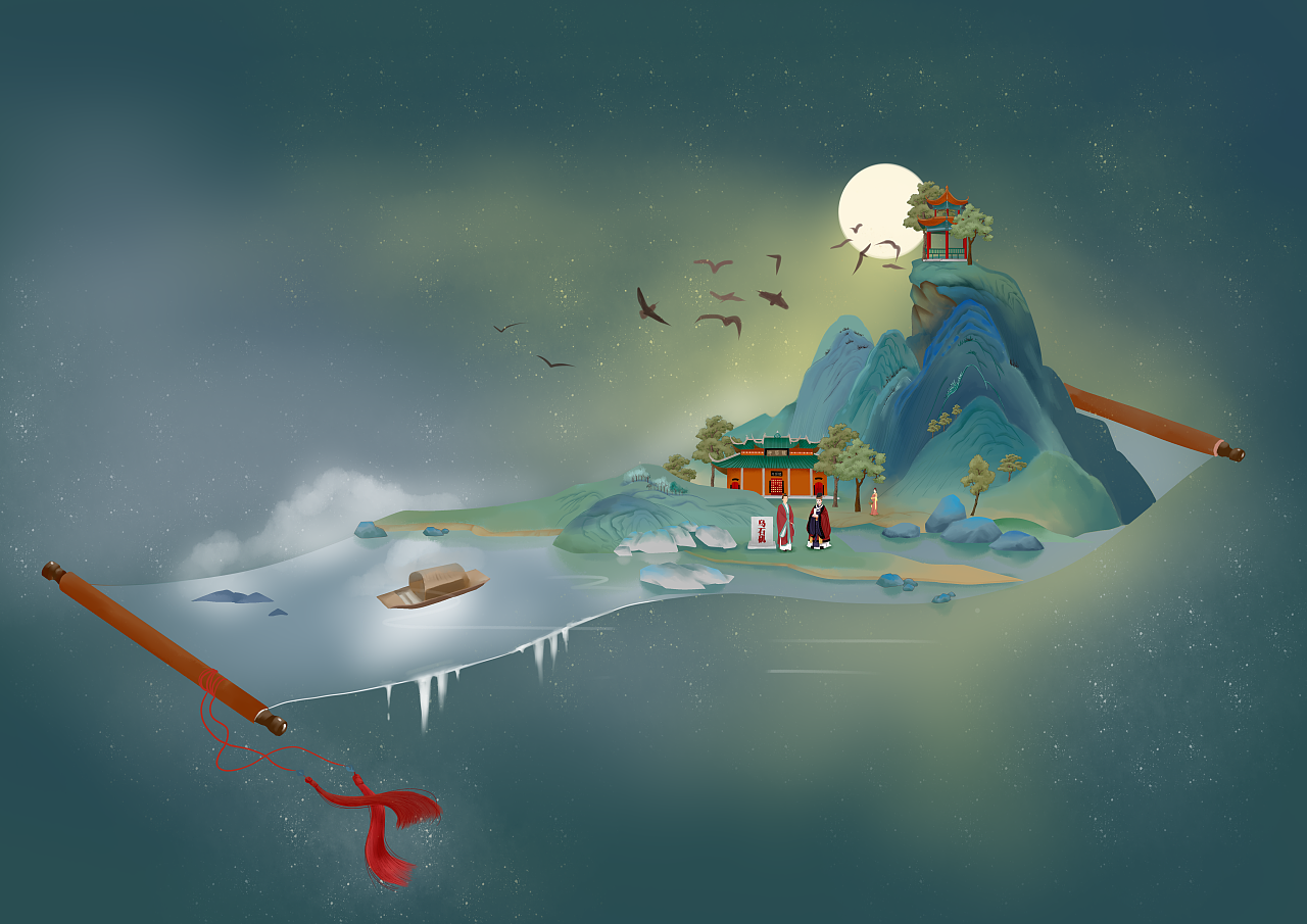 山水迢迢卷轴上|插画|创作习作|木一橙 - 原创作品 - 站酷 (zcool)