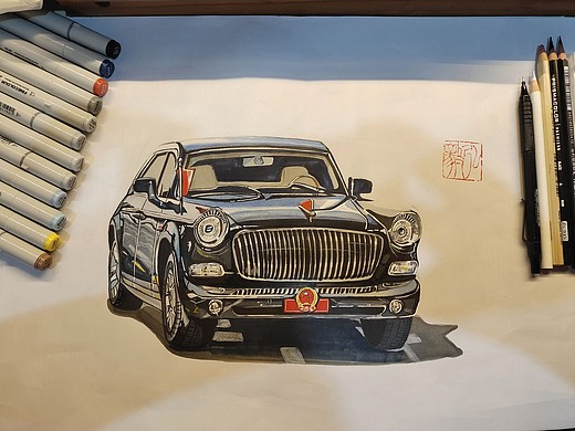 马克笔手绘,红旗l5阅兵车