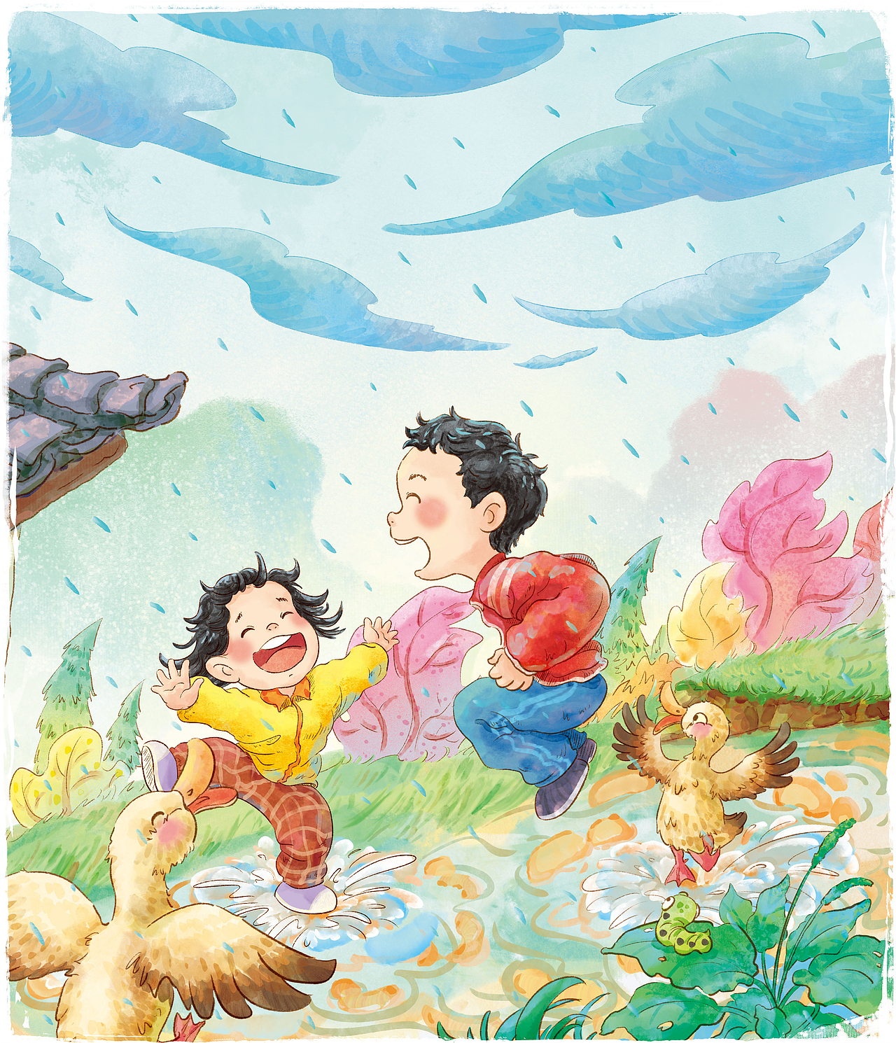 童趣-踩水坑（图ZMzYyODQ0NDI0） - 绘本 - 站酷设计师佛系修仙原创素材 - 站酷ZCOOL