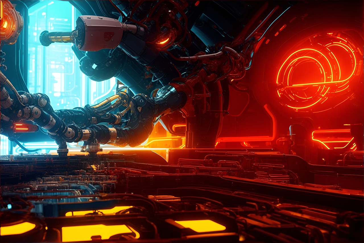 智能机械臂在工厂车间工作的艺术感场景