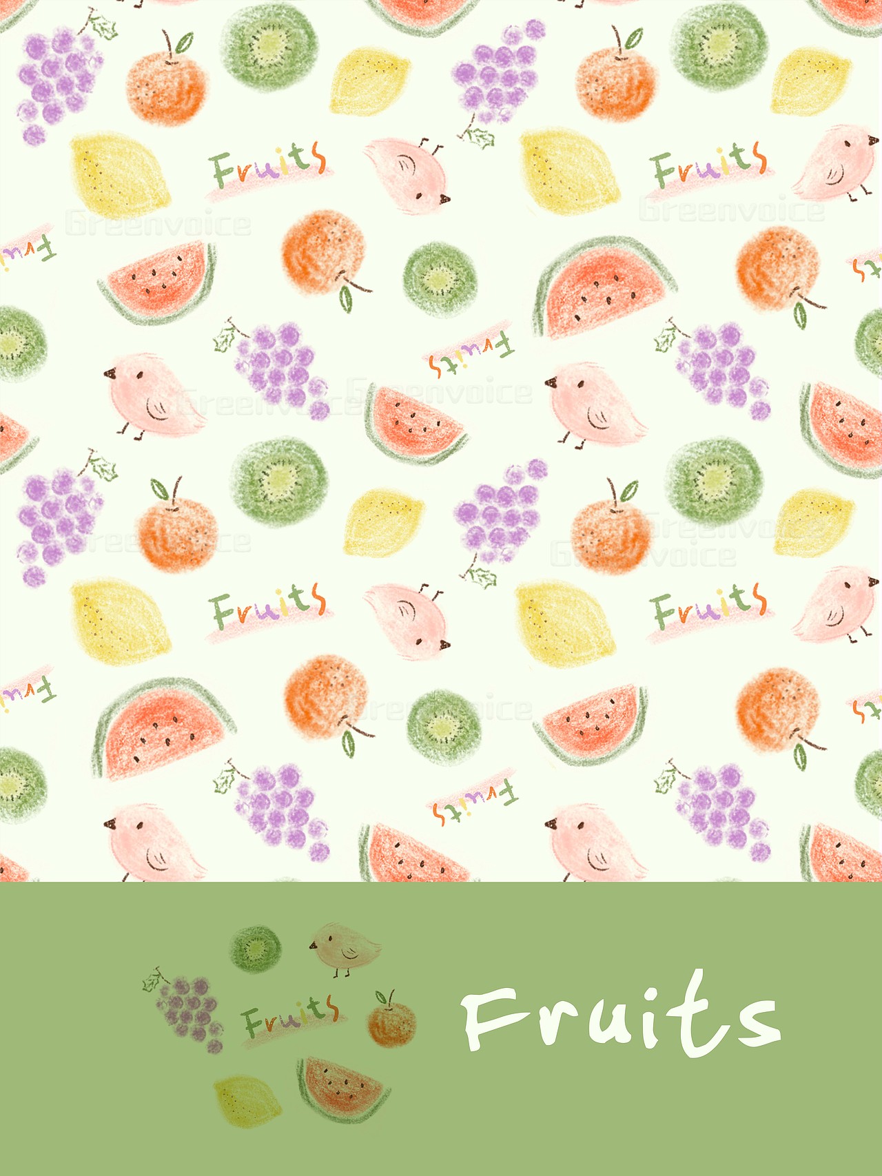 可爱图案设计-鸟语果香-水果印花