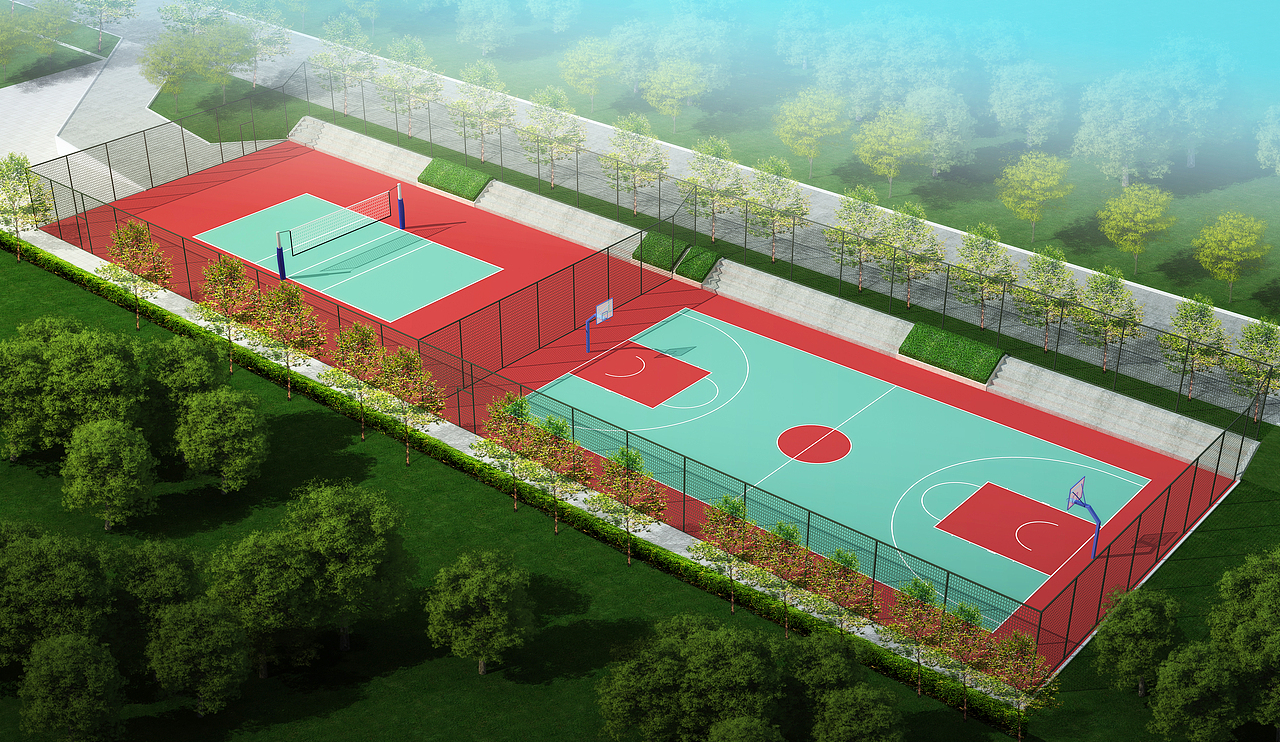 原创作品三维场景体育场效果图足球场篮球场体育场配色塑胶跑道鸟瞰图