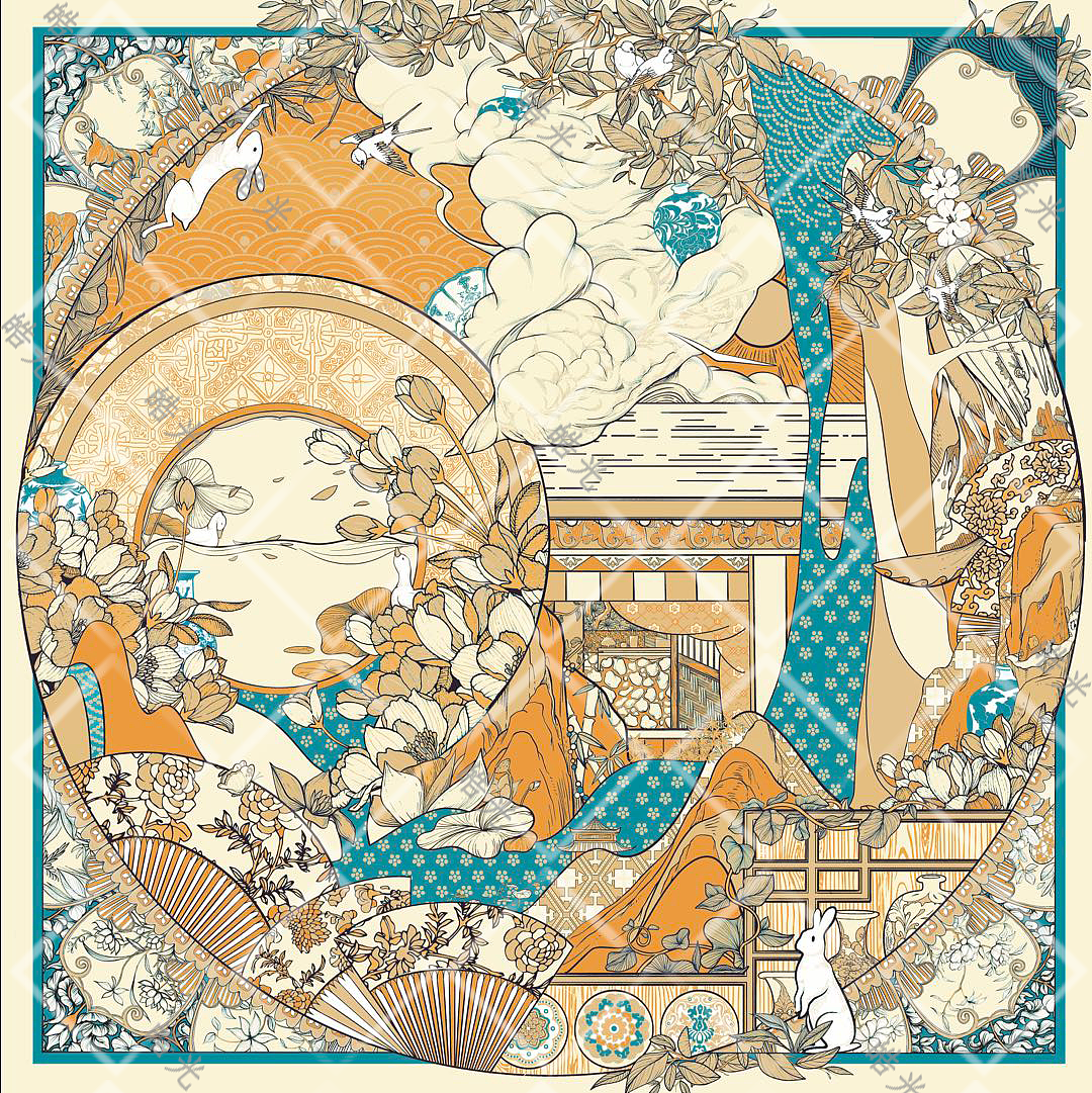 丝巾作品《“瓷”韵》（图ZMzI3NjcxNTUy） - 商业插画 - 站酷设计师皓光原创素材 - 站酷ZCOOL