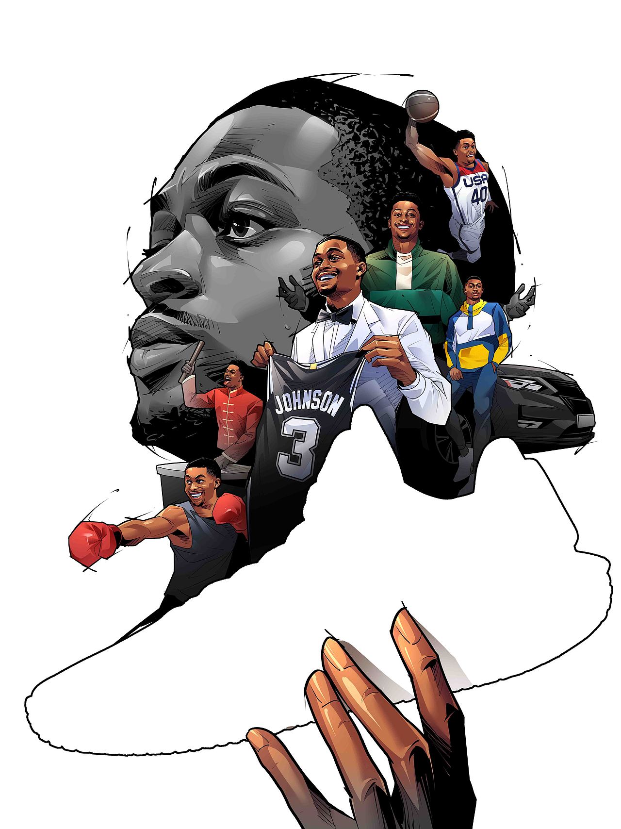 中乔体育KJ凯尔登约翰逊中国行插画海报设计 美漫写实