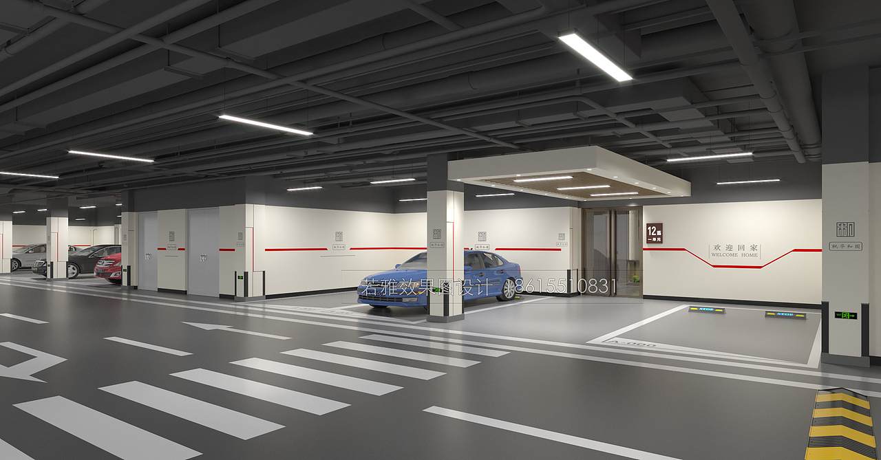 立体车库 地下车库 停车场 道路标线 效果图 若雅图像