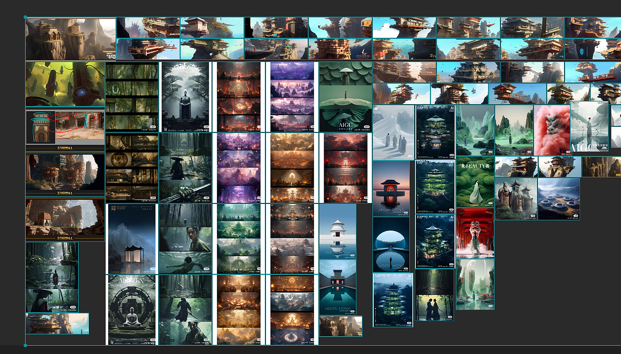 这里再前期构思的时候,给ai关键词生成了很多不同内容,给了我一些思路,例如建筑的设计上,取其AI精华,在基础上再次创作。