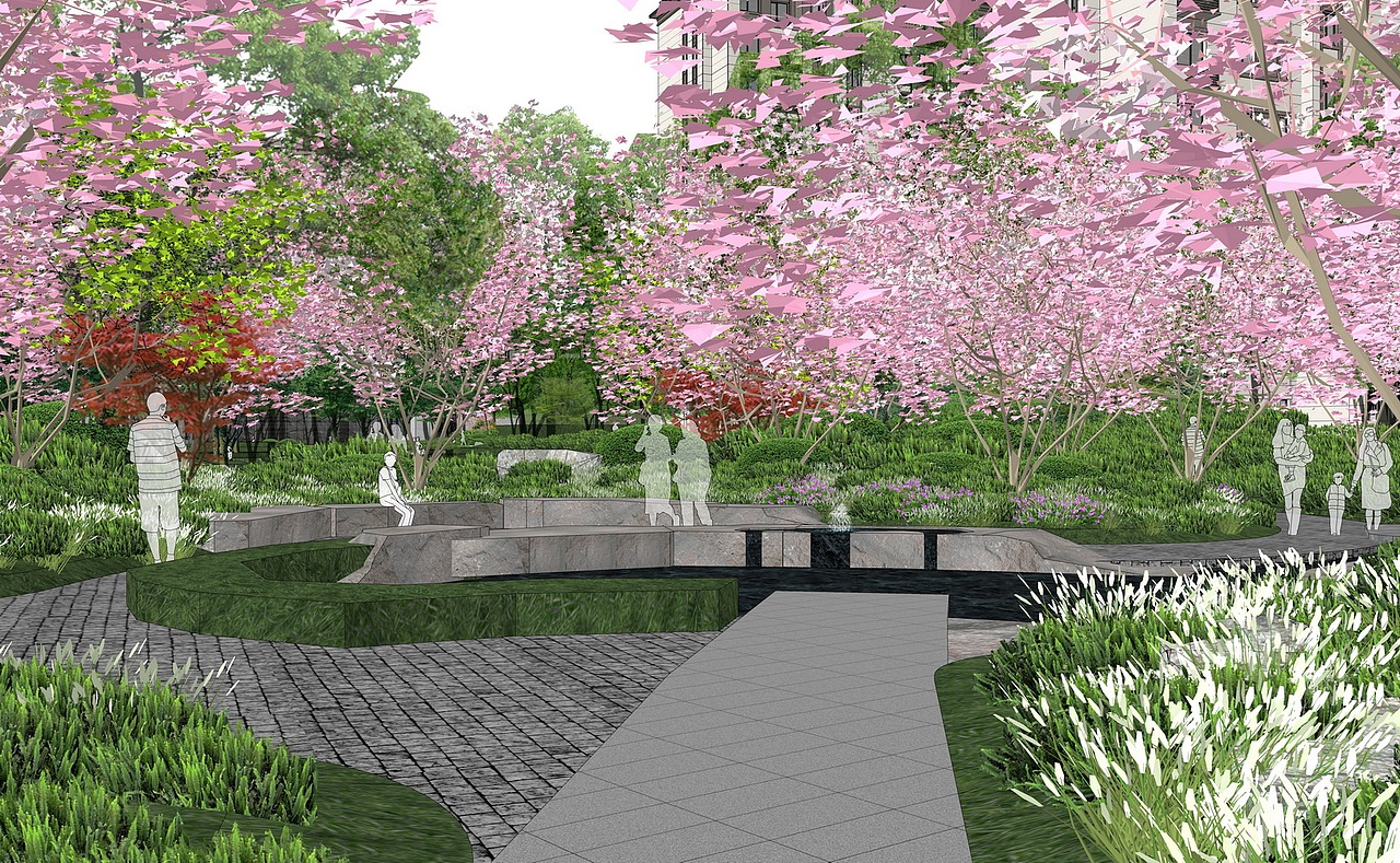 现代居住区中轴景观su模型下载