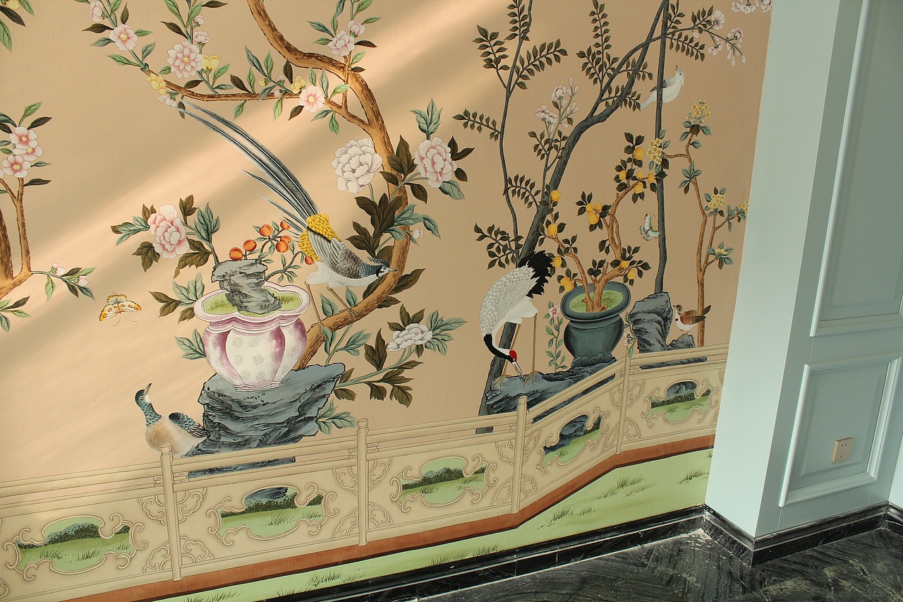 纯手工绘制的大型背景墙壁画王室真丝手绘墙纸图片