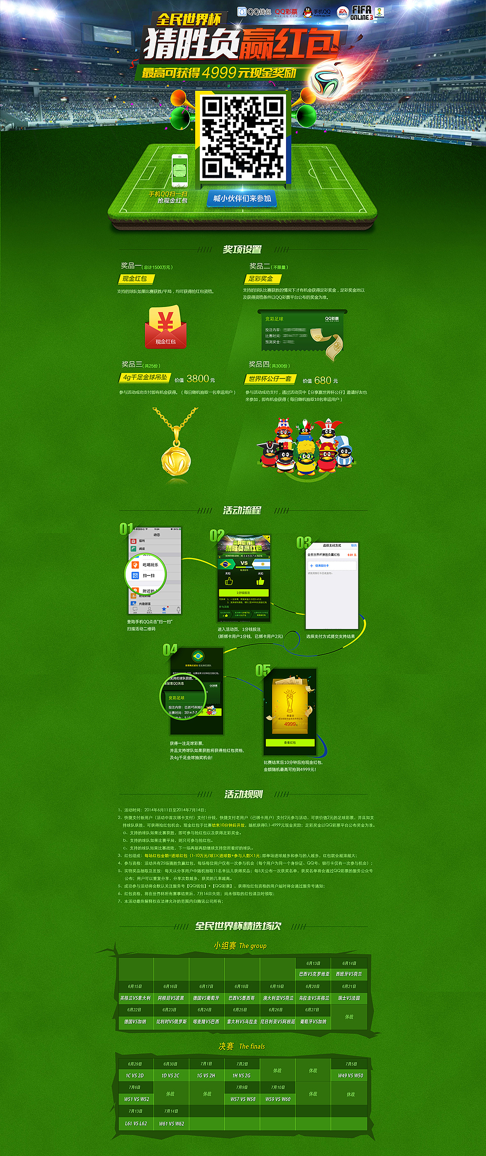 全民世界杯PC上的专题页面。介绍奖品,活动流程,导流到手Q上。