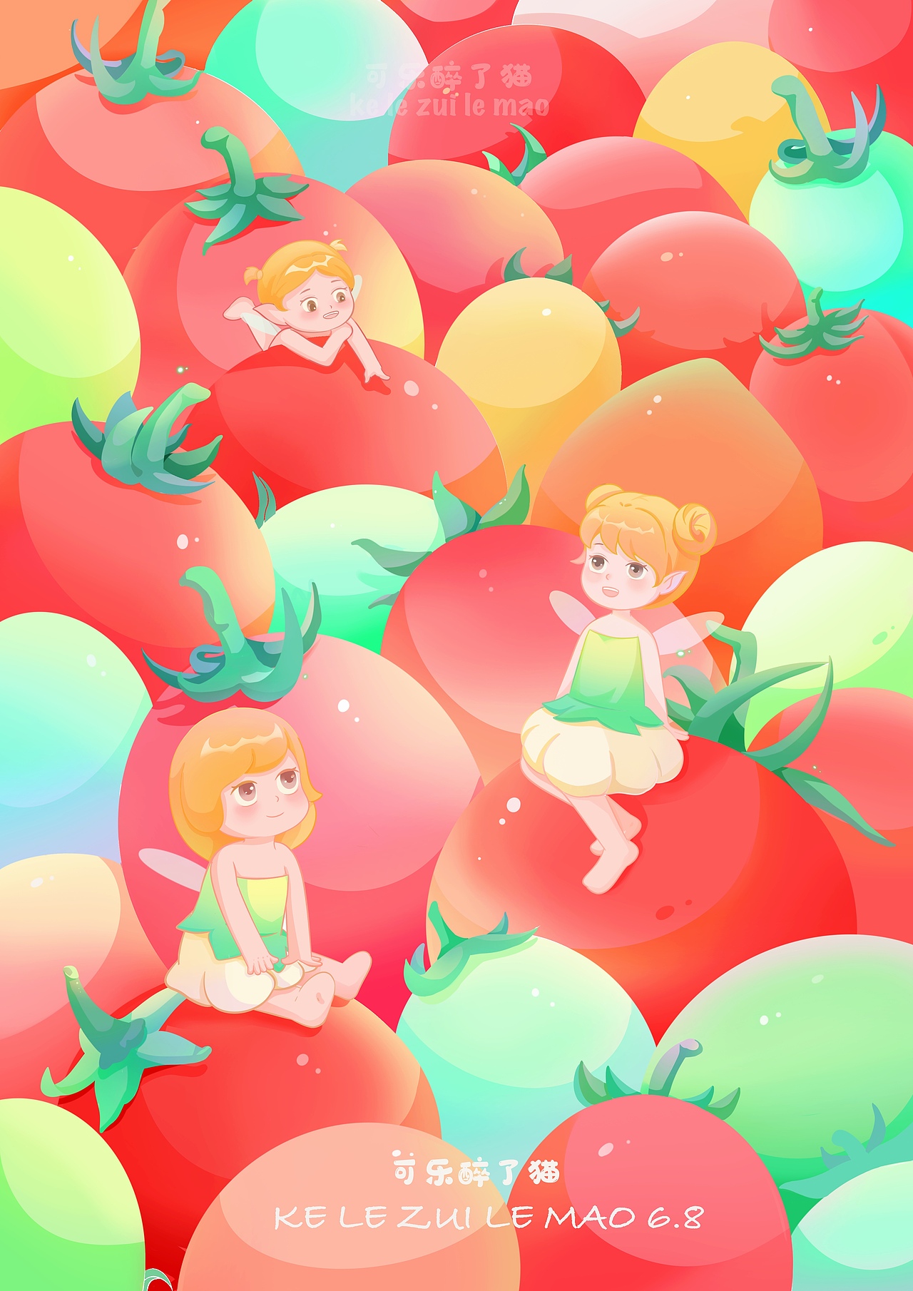 被上张磨怕了,这次学聪明了还是平面的画好。画的是小番茄,也是我爱吃的水果哈哈哈哈。
前期草稿勾线一切顺利,痛苦的还是铺完色稿那一块,我的天哪,全是红色哪有那么多区别,颜色太接近物体根本就分不开,看的我都要窒息了。<br>硬着头皮做渐变,想着番茄也有没熟的绿色吧,有半熟透的橙色吧,起码后来的画面不闷了我很欣慰。最后变成了几乎五颜六色的番茄,但起码看起来很好吃的样子。