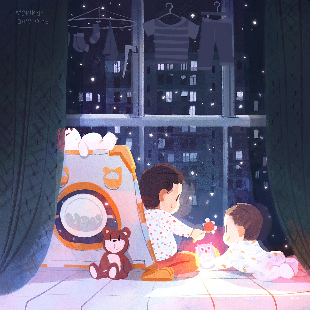 2019年12月5日，窗外的砂糖
冬天没有比窝在温暖的家里看窗外飘雪更惬意的事情了。<br>画这张画时，北京刚好下起这一年的第一场雪。<br>这也是小米咕人生中经历的第一场雪。我们特意把他抱到窗台上，让他看个清楚。<br>毛咕从帐篷里出来，递给米咕她心爱的摇铃。在这暖暖的灯光里，窗外漫天飘舞的就像是甜甜的砂糖。