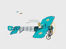 插画，飞机，小狗