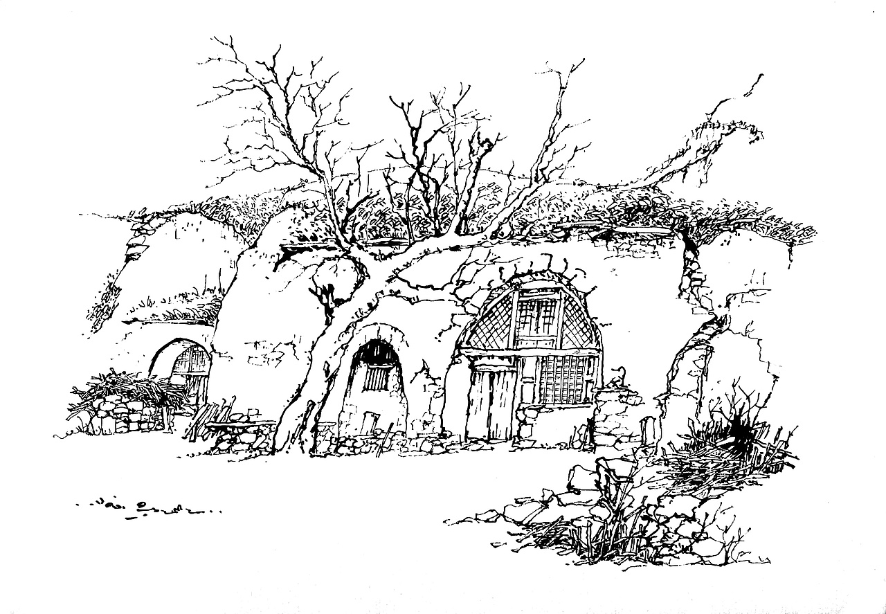 窑洞风景速写_延杨红钢笔画-站酷zcool
